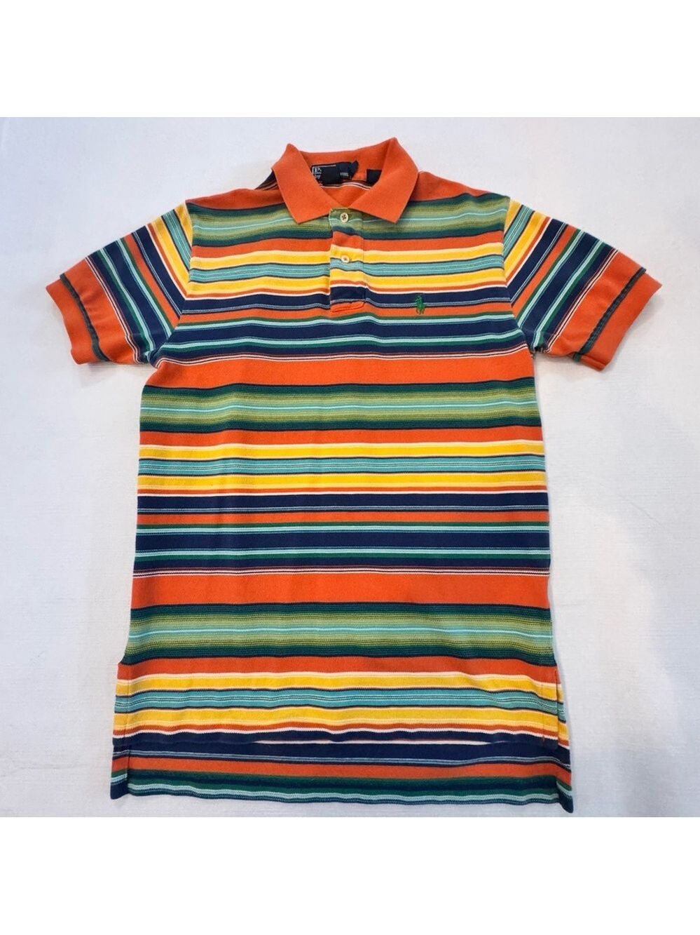Ralph Lauren Orange and Green Polo Shirt Vibrant Stripes, Vintage 90’ Small